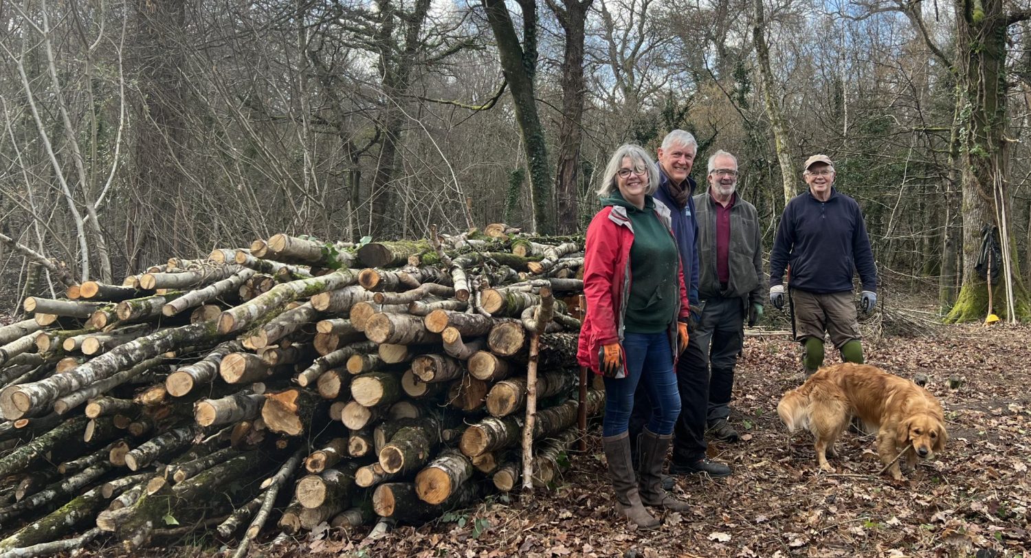 Four volunteers stand by a large pile of cut logs in a woodland, with a golden retriever nearby