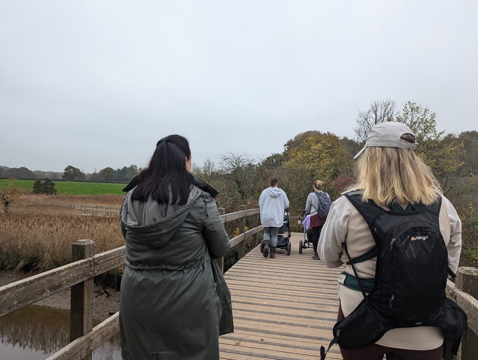Four women walk on a bridge surrounded by greenery carrying babies or pushing prams.